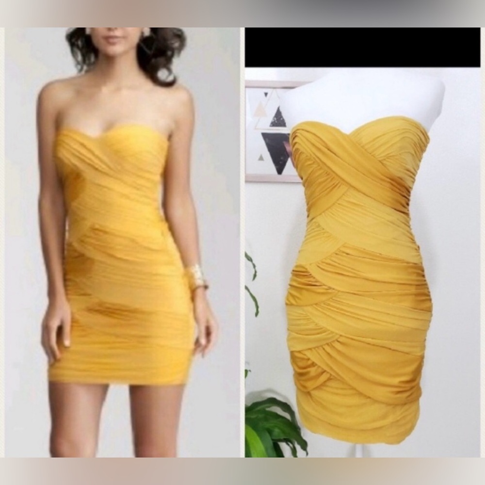 New Bebe yellow ruched mini dress removable halter strapless bodycon zara asos S